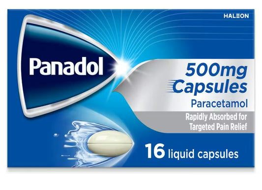 Panadol Liquid Capsules 500mg pain relief capsules, showing a bottle of 500 capsules with the product label.