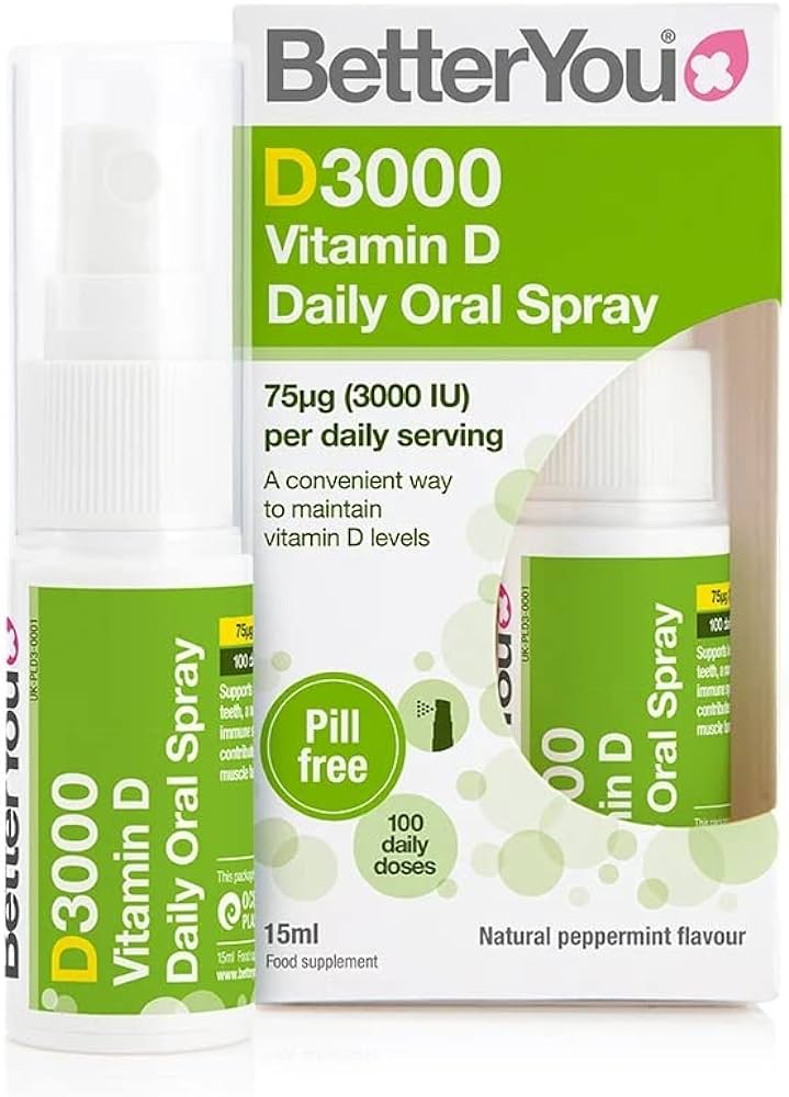 BetterYou Oral Spray Dlux 3000 by Cured Pharmacy, a close-up of the vitamin D3 oral spray bottle with pump nozzle.