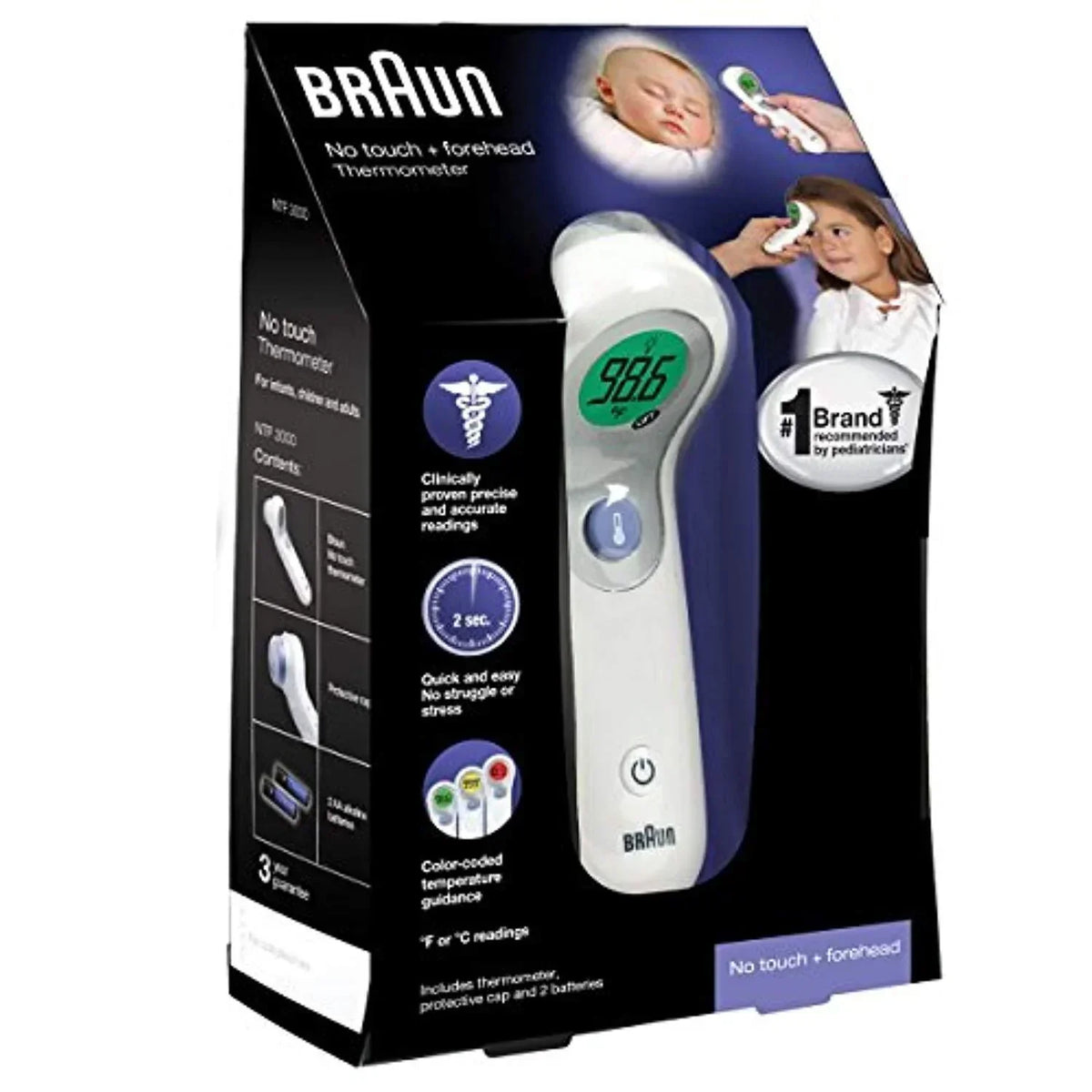 Braun NTF3000 No Touch Forehead Thermometer measuring temperature with digital display and infrared sensor.