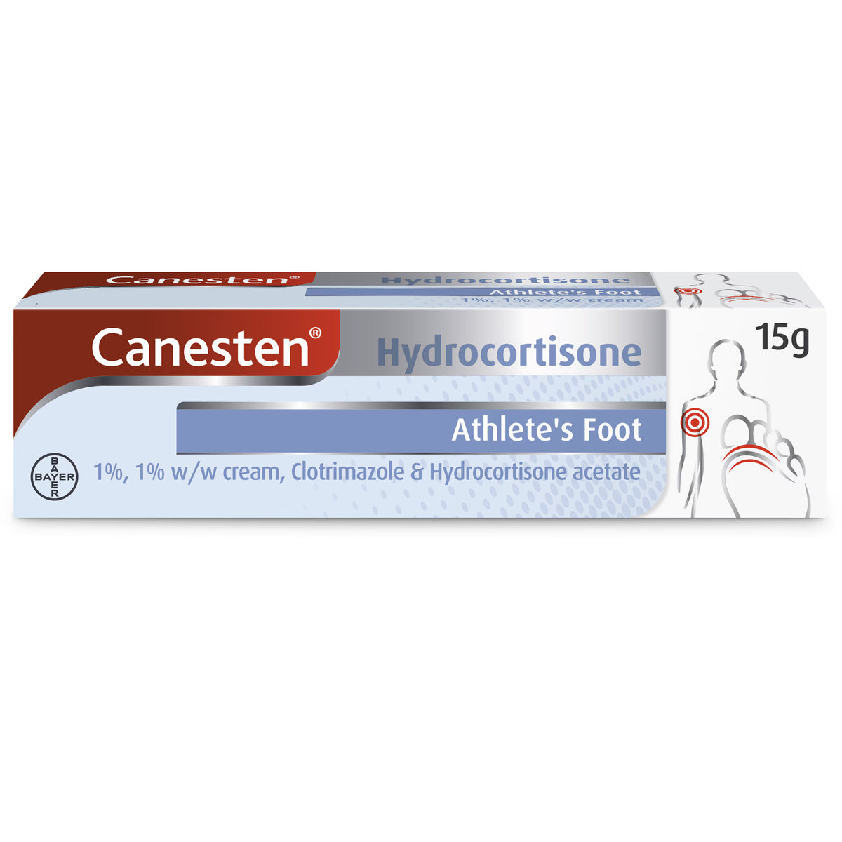 Canesten Hydrocortisone Cream in a 15g tube, showing the packaging and applicator for skin relief and anti-inflammatory treatment.