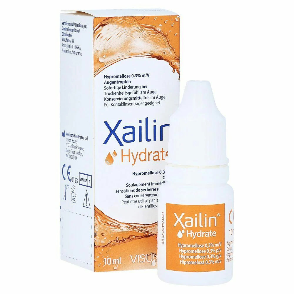 Cured Pharmacy Xailin Hydrate Eye Drops 10ml bottle showing clear liquid and dropper applicator for dry or irritated eyes
