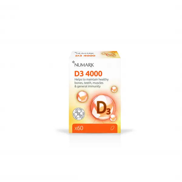 Numark Vitamin D3 4000 supplement bottle with label showing dosage and branding, placed on a neutral background.