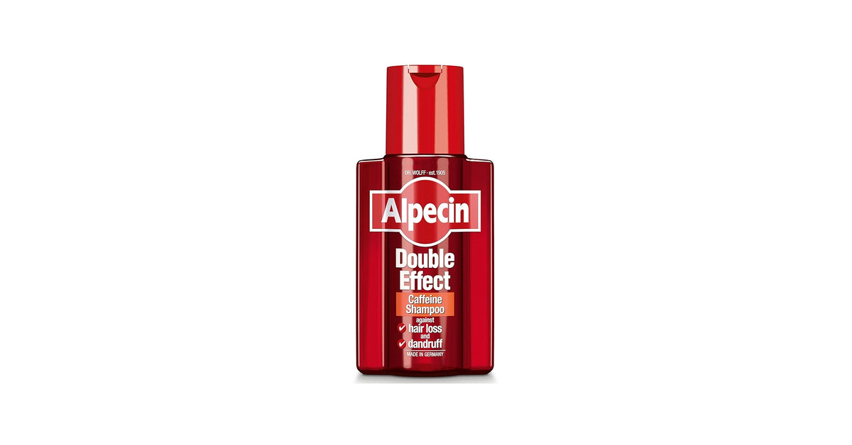 Alpecin Double Effect Caffeine Shampoo 200ml bottle with white and blue packaging, emphasizing hair care benefits.