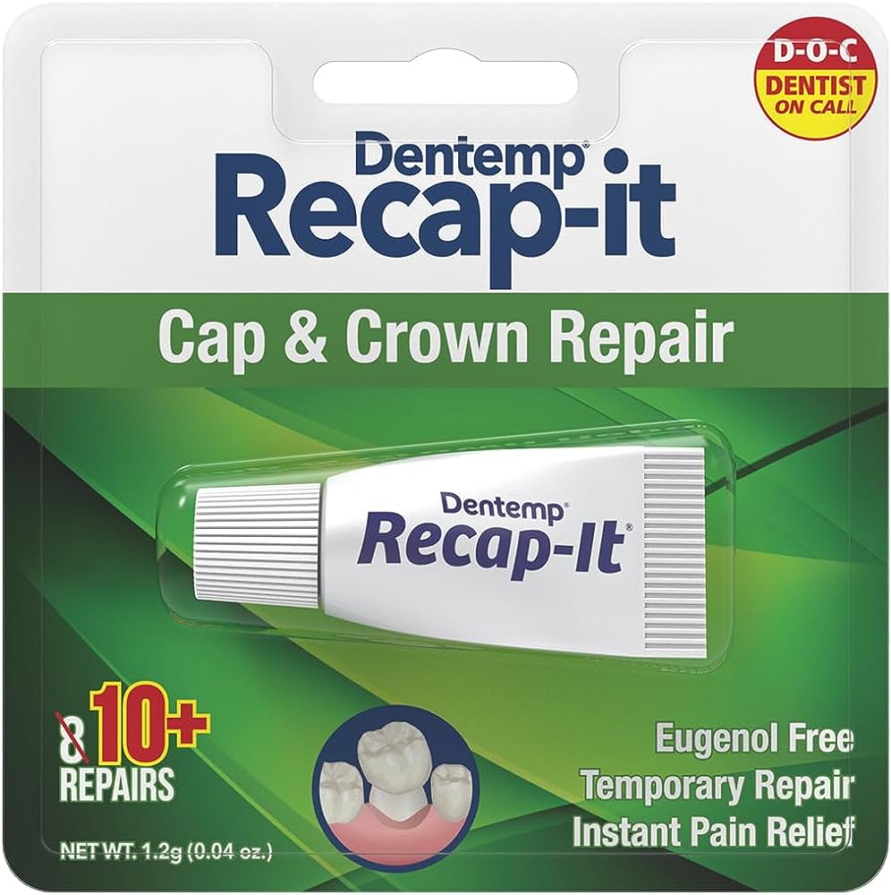 Dentemp Recap-it Cap and Crown Repair kit by Cured Pharmacy showing a container with repair caps and dental crown repair materials.