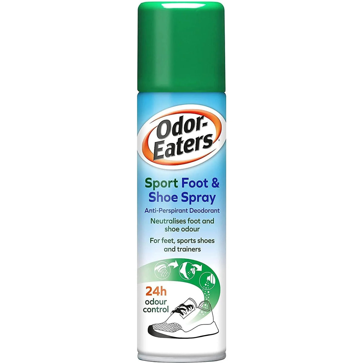 Odor Eaters Sport 24 Hour Foot Spray bottle, 150ml, featuring a blue and white label with product branding and spray nozzle.