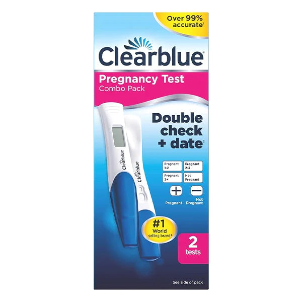 CuredPharmacy Clearblue pregnancy test double-check and date combo pack with two tests, featuring white and blue packaging.