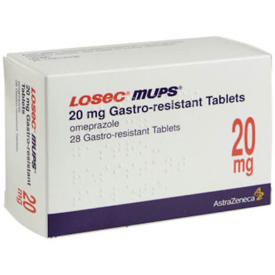 Losec MUPS 20mg tablets by Cured Pharmacy, showing a blister pack of medication for acid reflux treatment.