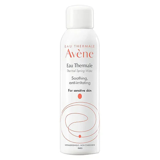 Avene Thermal Spring Water spray bottle, 150ml, with a white cap and blue label, used for soothing and refreshing skin.