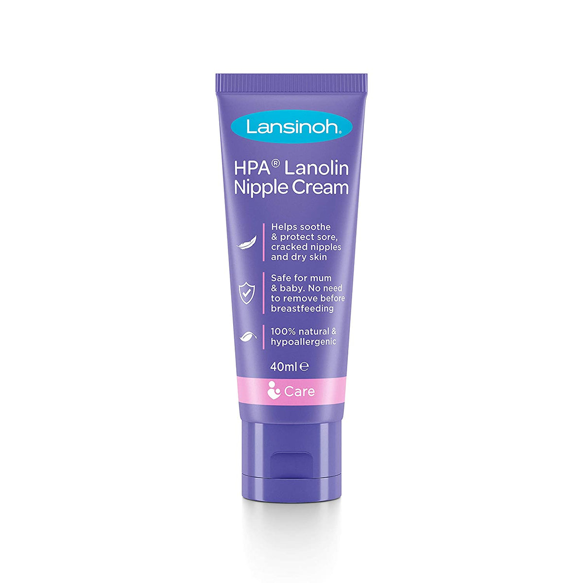 Tube of Lansinoh Lanolin Breastfeeding Cream with white and purple packaging, showing the product and brand name.