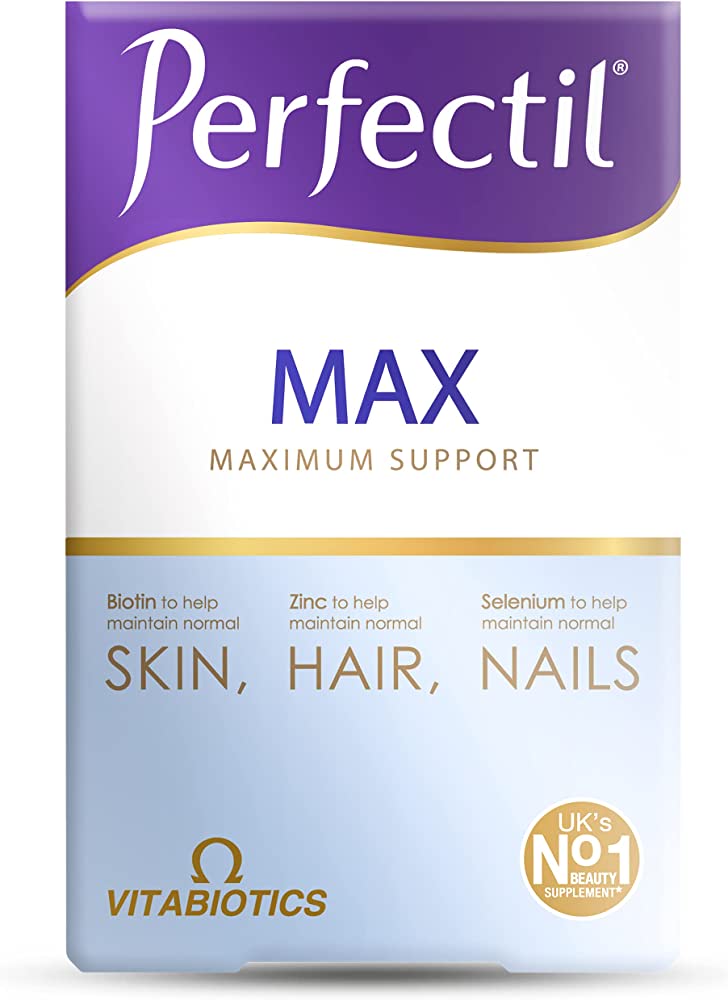 Perfectil Max dietary supplement in 84 capsules, showing the bottle with label and capsule contents, designed for skin and beauty support.
