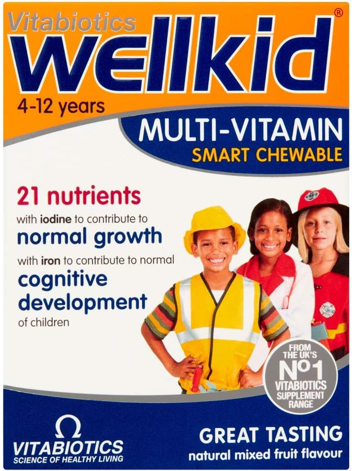 Wellkid Smart Chewable Multivitamin bottle with colorful chewable tablets and label showing multivitamin benefits for kids.