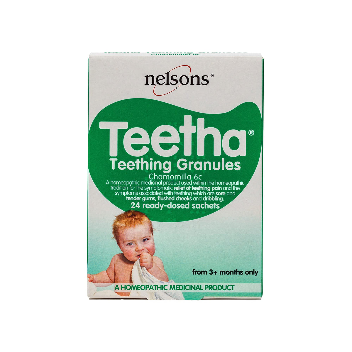 Nelsons Teetha granules sachet from Cured Pharmacy, small white sachet with product branding for soothing teething relief.
