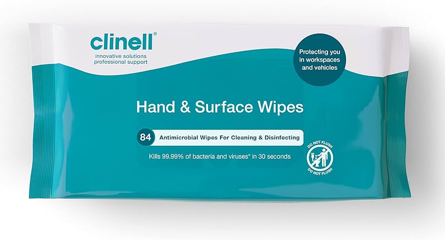 84 Clinell Hand and Surface Wipes by Cured Pharmacy, 71g pack, showing disinfectant wipes with packaging and product branding.
