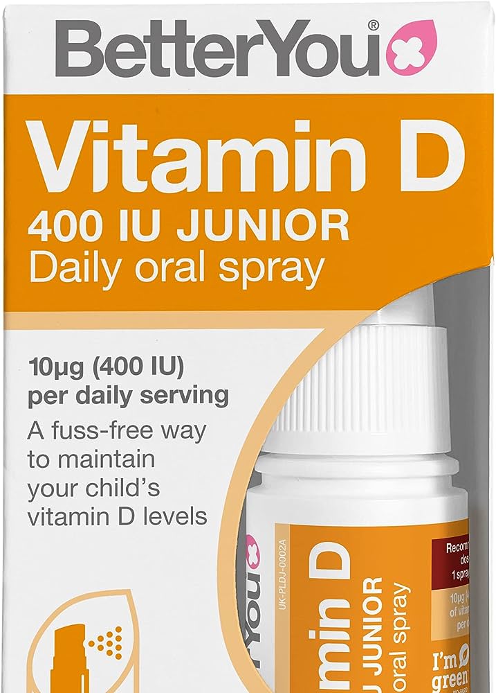 BetterYou Oral Dlux D3 Junior supplement by Cured Pharmacy, showing the bottle with the label and dosage information.