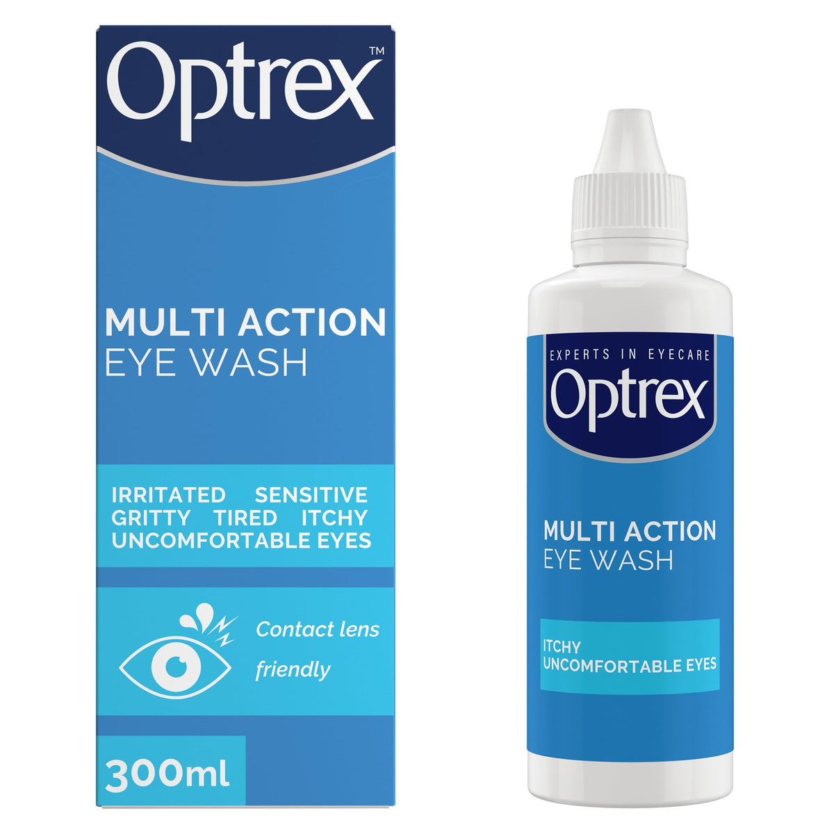 Optrex Multi Action Eye Wash 300ml bottle with clear label, designed for soothing and cleansing sensitive eyes.