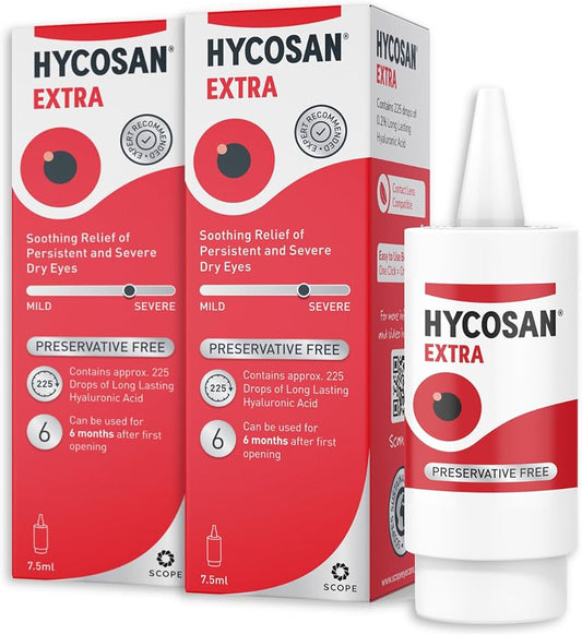 Hycosan Extra Eye Drops by Cured Pharmacy, 10ml bottle with clear solution and dropper cap on white background.