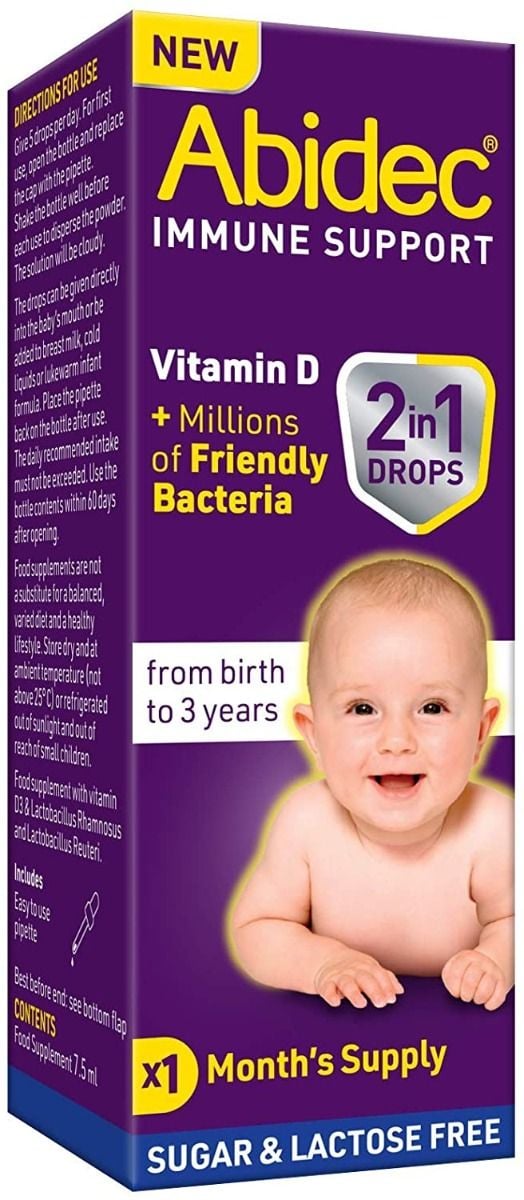 Cured Pharmacy Abidec Immune Support liquid in 7.5ml bottle, featuring a label with immune-boosting supplement details