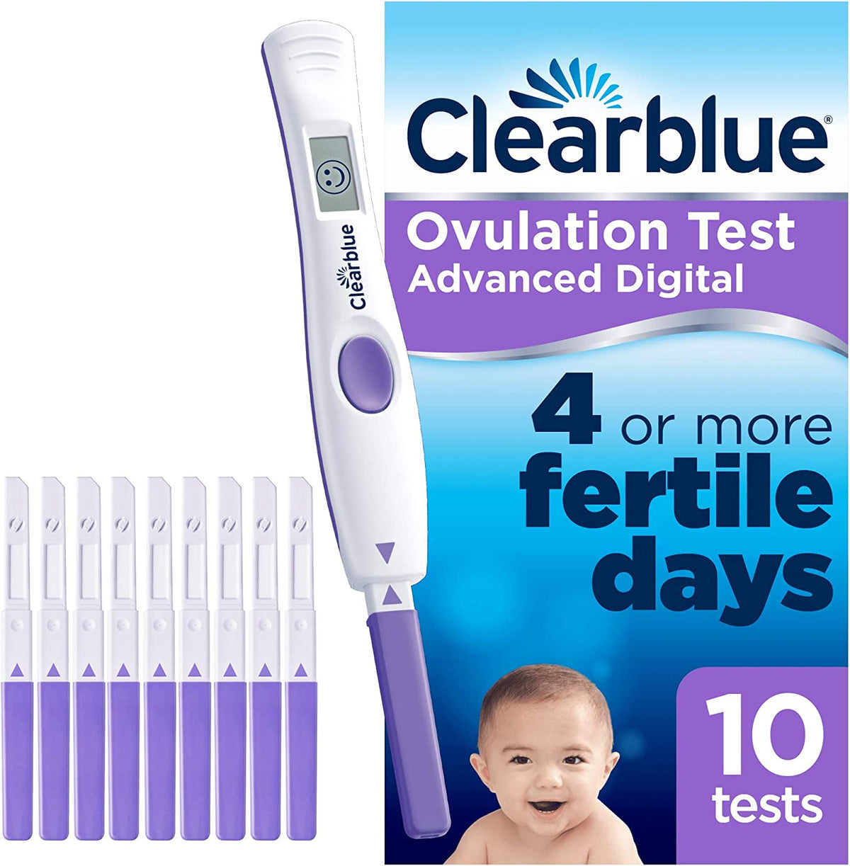 Clearblue Advanced Digital Ovulation Test Kit by CuredPharmacy showing a test strip and digital display for ovulation tracking.