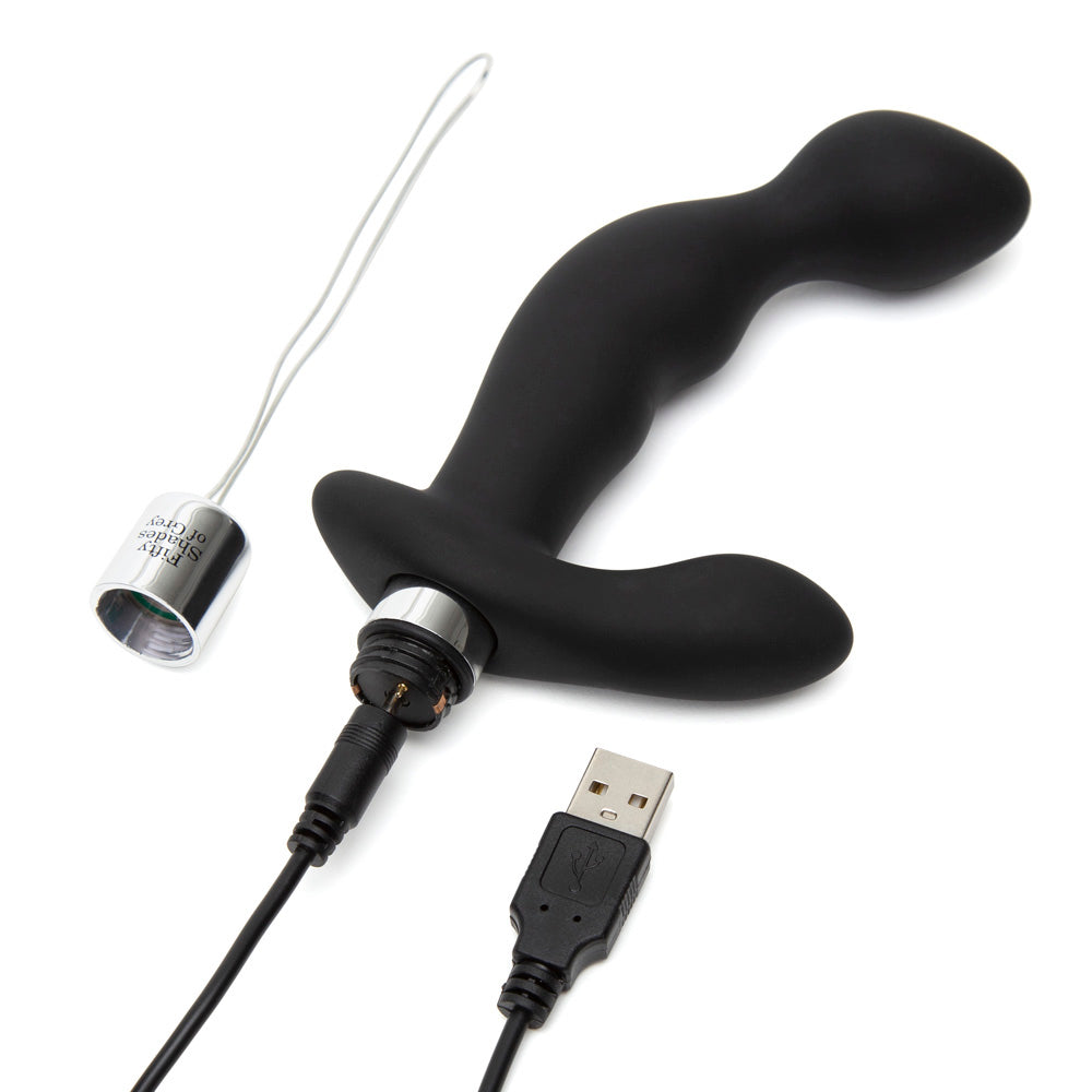 Fifty Shades of Grey Relentless Vibrations remote control prostate vibe showing smooth silicone body and control buttons.