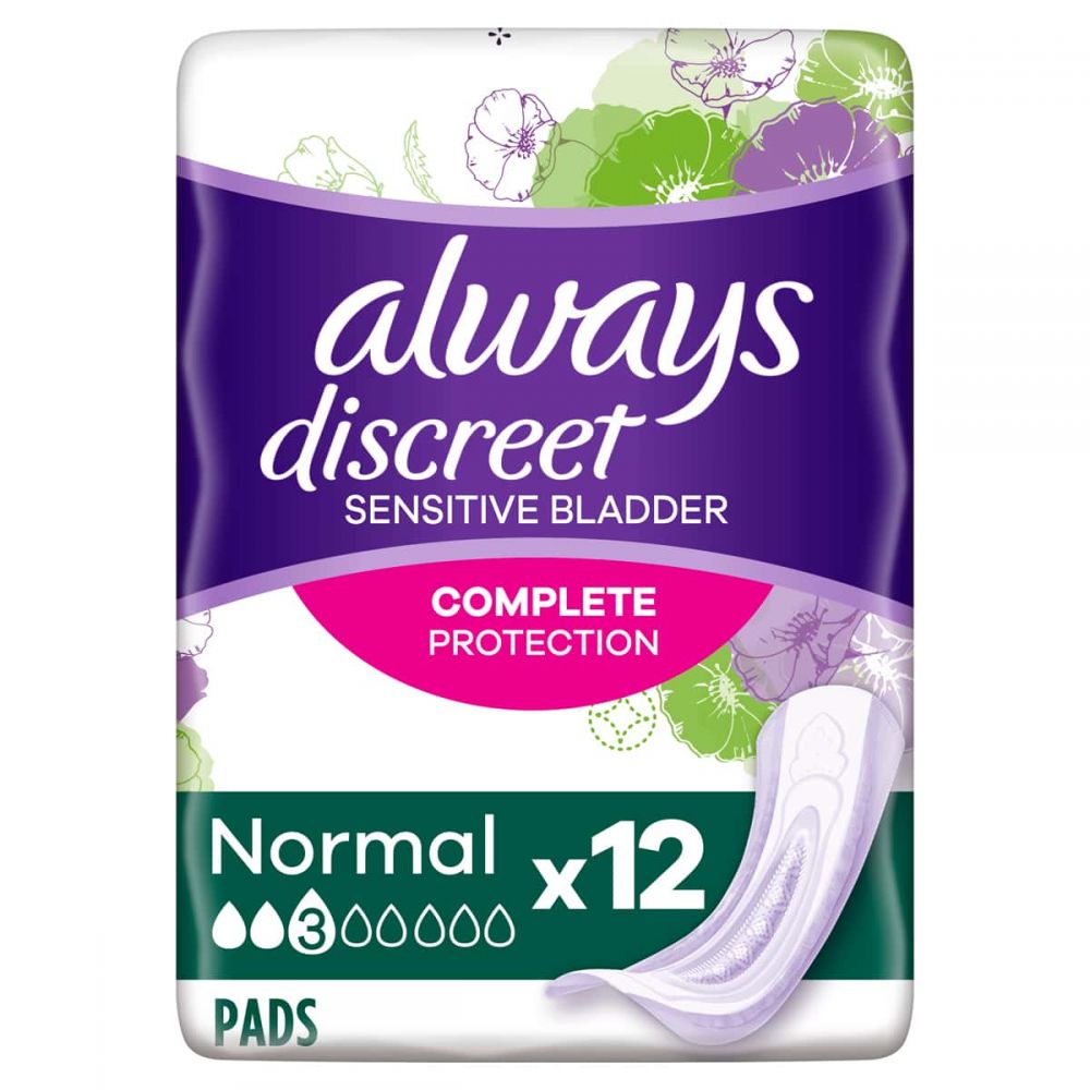 Always Discreet Pads Normal for women, pack of 12, with discreet incontinence pads designed for comfort and protection.
