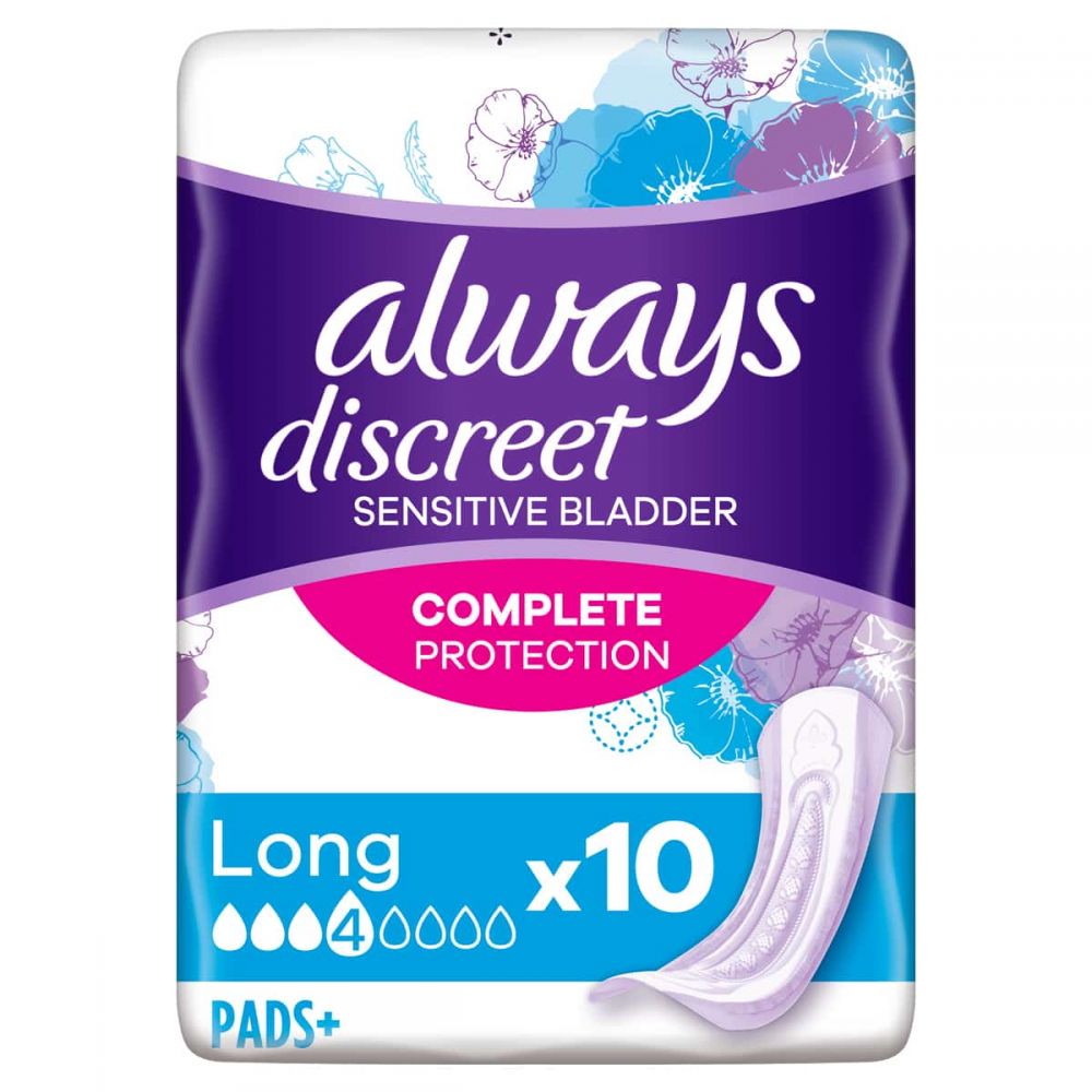 Always Discreet Pads Long by Cured Pharmacy, female incontinence pads arranged in a row on a white background.