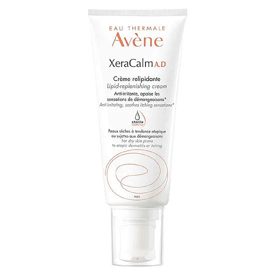 Avene XeraCalm AD Lipid-Replenishing Cream in 200ml jar, featuring a white and blue container with product label and lid.