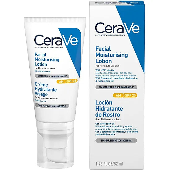 CeraVe AM Facial Moisturising Lotion SPF 25 in 52ml bottle, showing the product tube with label and cap.