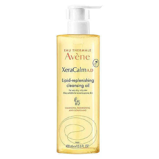 Avene XeraCalm AD Lipid-Replenishing Cleansing Oil in 400ml bottle, gentle skincare product for sensitive skin.