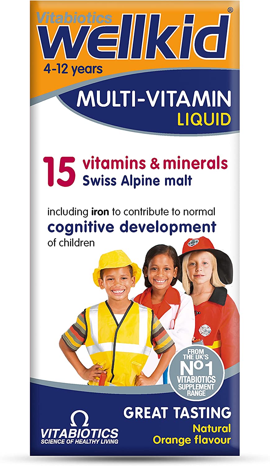 Wellkid Multi-Vitamin Liquid in 150ml bottle, orange-flavored supplement with a pump dispenser, designed for children's health.