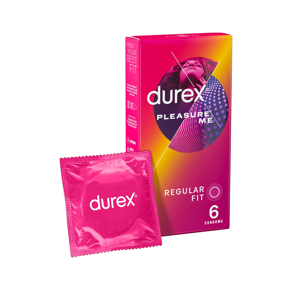 Durex Pleasure Me 6-pack of condoms in colorful packaging with playful design, designed for enhanced pleasure and intimacy.