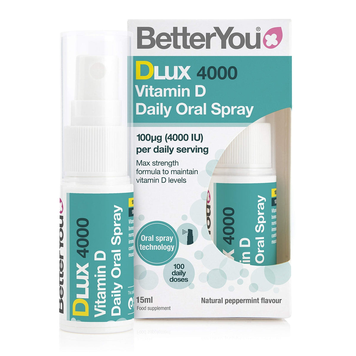 BetterYou Oral Spray Dlux 4000 by Cured Pharmacy, a vitamin D supplement in a small spray bottle with a blue cap.