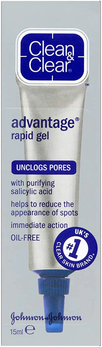 Cured Pharmacy Clean & Clear Advantage Quick Clear Treatment Gel in a tube, applied on skin for acne treatment.
