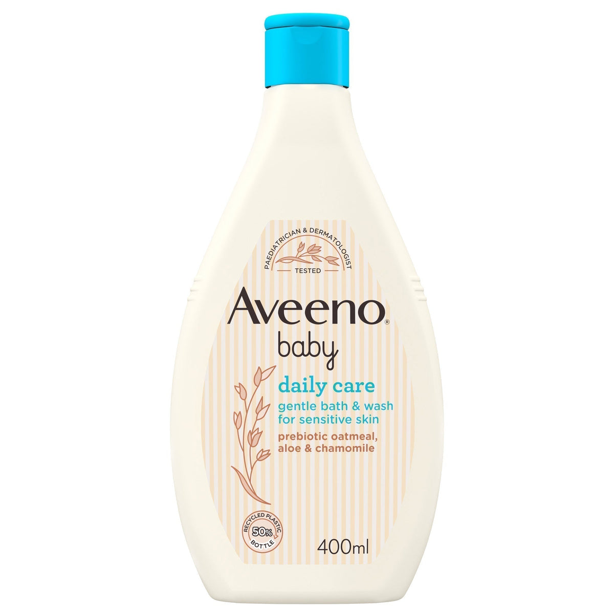 Aveeno Baby Daily Care Gentle Bath & Wash 400ml bottle, with soft, hypoallergenic baby bath product and gentle formula.