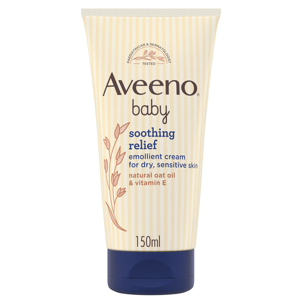 Aveeno Baby Soothing Relief Emollient Cream in a 150ml tube, gentle for baby's skin and soothing for sensitive skin.