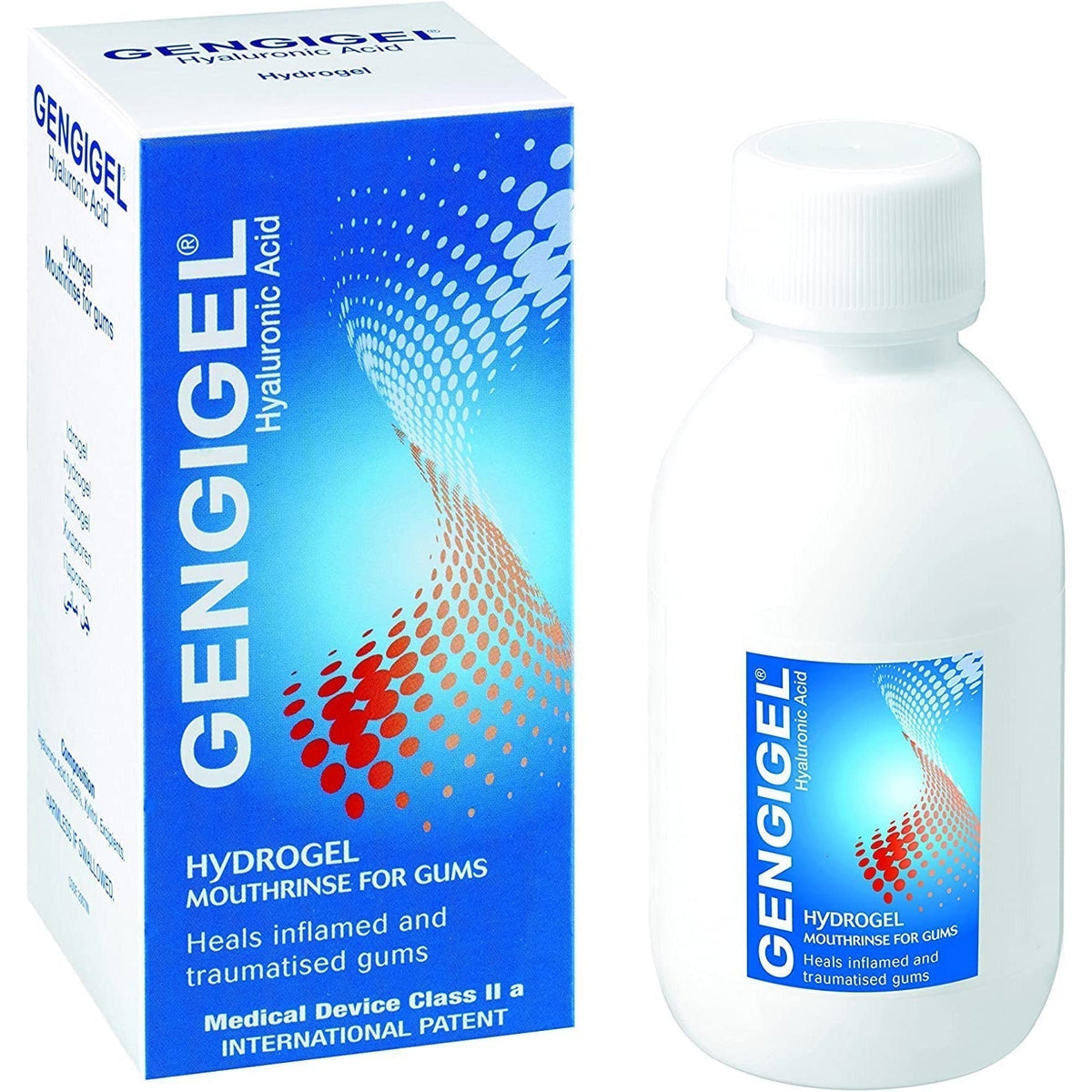 Gengigel Mouth Rinse for Gums in 150ml bottle showing the clear liquid and packaging