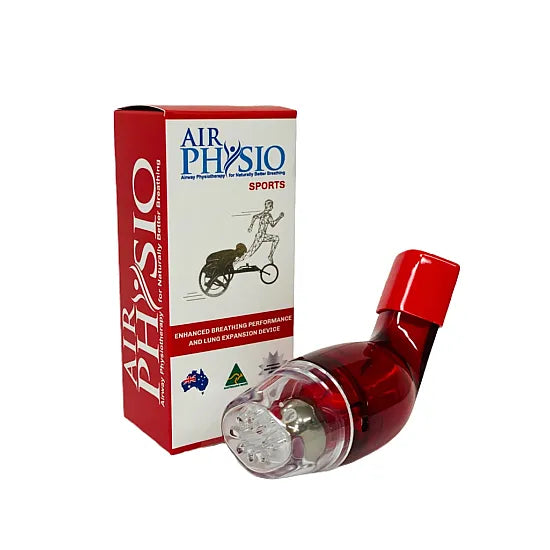 Cured Pharmacy AirPhysio lung device for sports, featuring a mouthpiece and clear plastic chamber for mucus clearance and lung expansion.