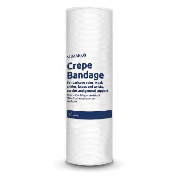 Numark crepe bandage, 15cm x 4.5m, shown rolled out with label visible, ideal for medical support and compression.