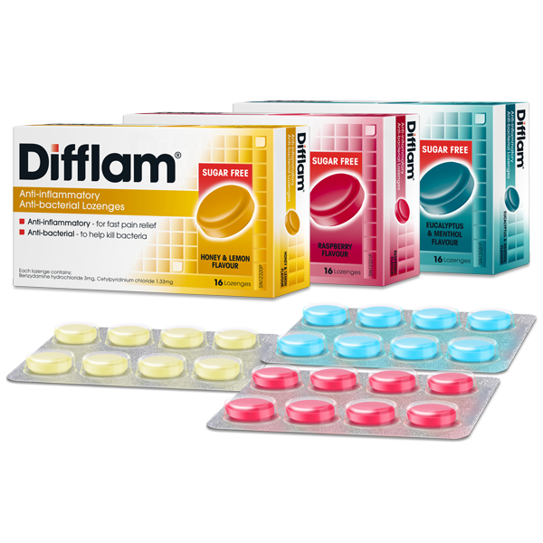 Cured Pharmacy Difflam 3mg Lozenges package with multiple lozenges on a white background