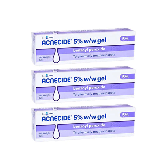 Cured Pharmacy Acnecide 5% Benzoyl Peroxide Gel 60g, acne treatment gel with clear packaging and applicator tube.