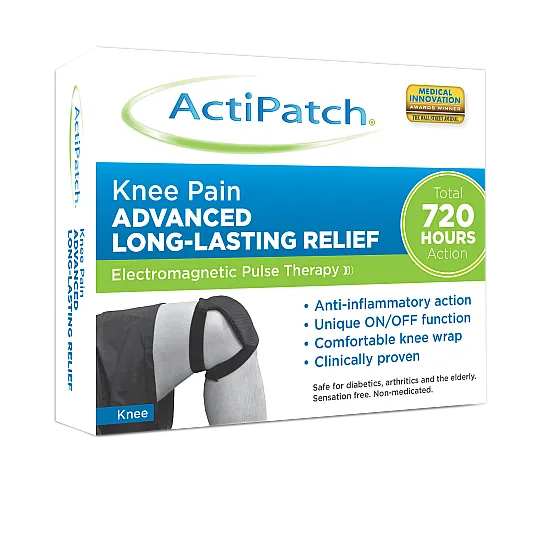 Cured Pharmacy ActiPatch knee pain therapy device in its box, designed to relieve knee discomfort with targeted electrical stimulation.