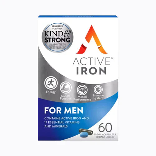 Cured Pharmacy Active Iron & B-Complex Plus for Men capsules, 60 count, showing the supplement bottle and label.