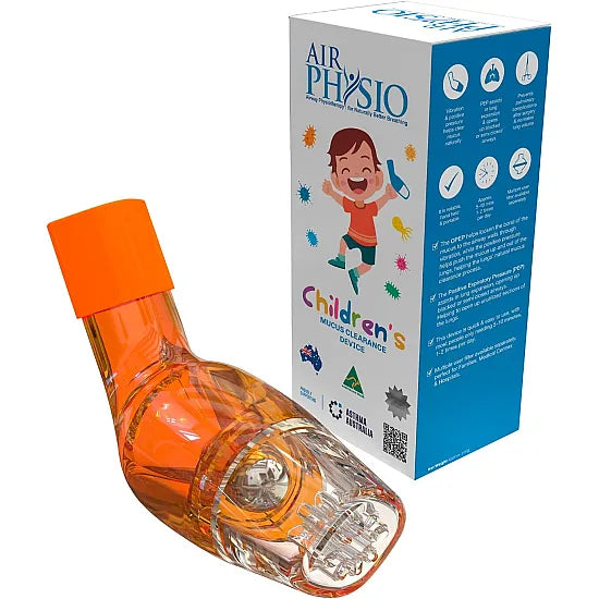 AirPhysio average lung device for children by Cured Pharmacy, used for mucus clearance and lung expansion.