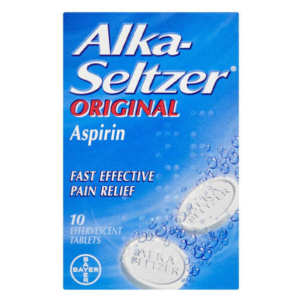 Alka Seltzer Original Pain Relief tablets in a clear blister pack with white round tablets, branded by CuredPharmacy.