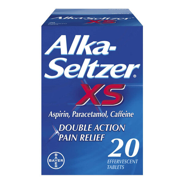 Alka Seltzer XS effervescent tablets for upset stomach relief, showing a blister pack of 20 tablets on a white background.