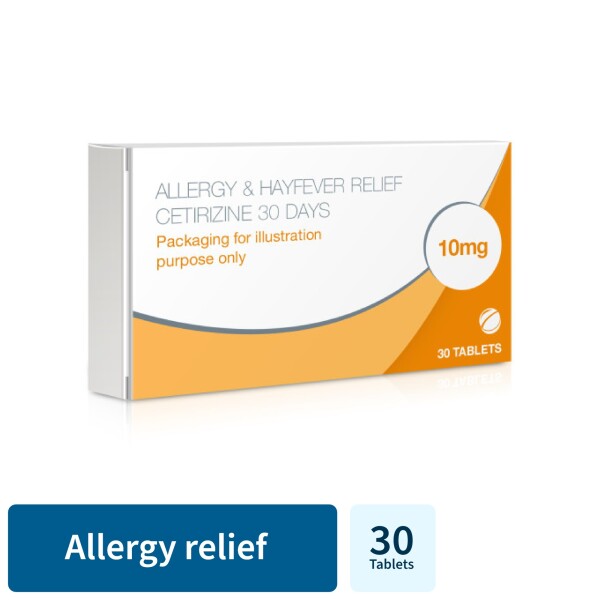 CuredPharmacy allergy and hayfever relief cetirizine 30-tablet blister pack, showing tablets inside packaging.