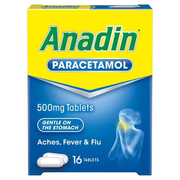 CuredPharmacy Anadin Paracetamol tablets in blister pack, 16-count, for pain relief and fever reduction.