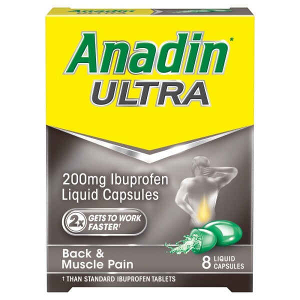 Anadin Ultra 200mg liquid capsules in a blister pack, pain relief medication from CuredPharmacy.