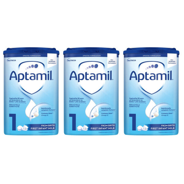 Aptamil 1 First Baby Milk Formula from Birth, 800g triple pack, CuredPharmacy brand, showing three boxes of infant formula
