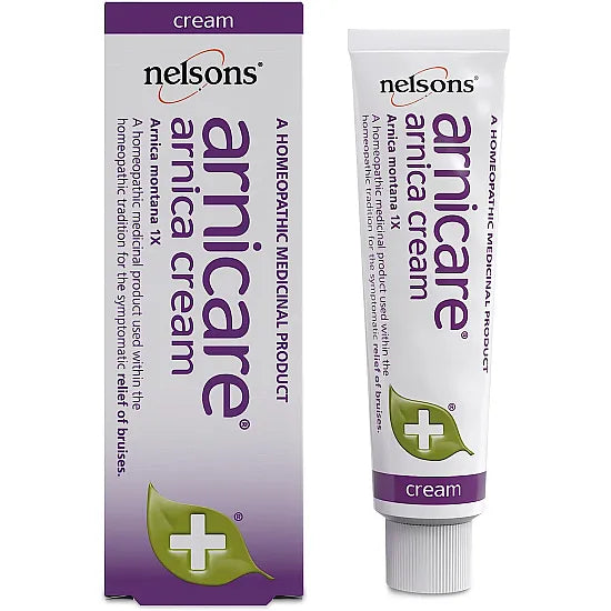 Nelsons Arnicare Arnica Skin Cream for bruise relief in 30g tube, by Cured Pharmacy, with tube and label visible.