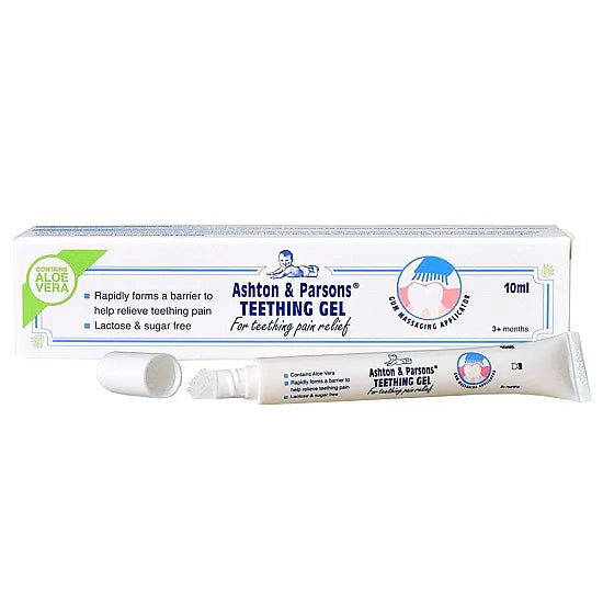 Ashton & Parsons teething gel 10ml bottle from Cured Pharmacy, featuring clear packaging and the label with product information.
